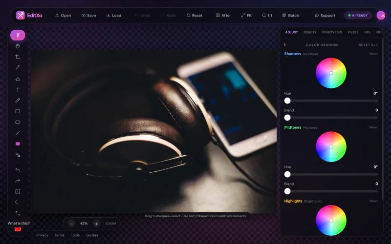 EditXo Grade panel with Shadows, Midtones and Highlights hue wheels on a product photo