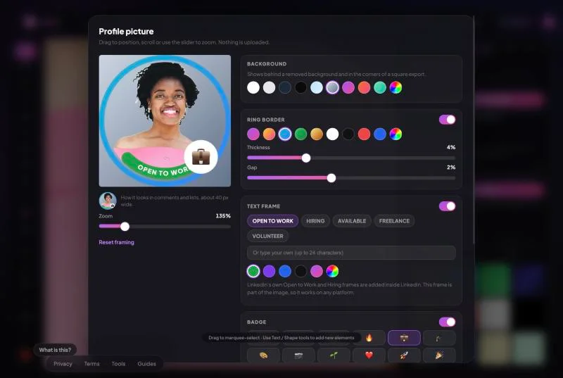EditXo profile picture maker with a gradient background, blue ring, OPEN TO WORK frame and badge