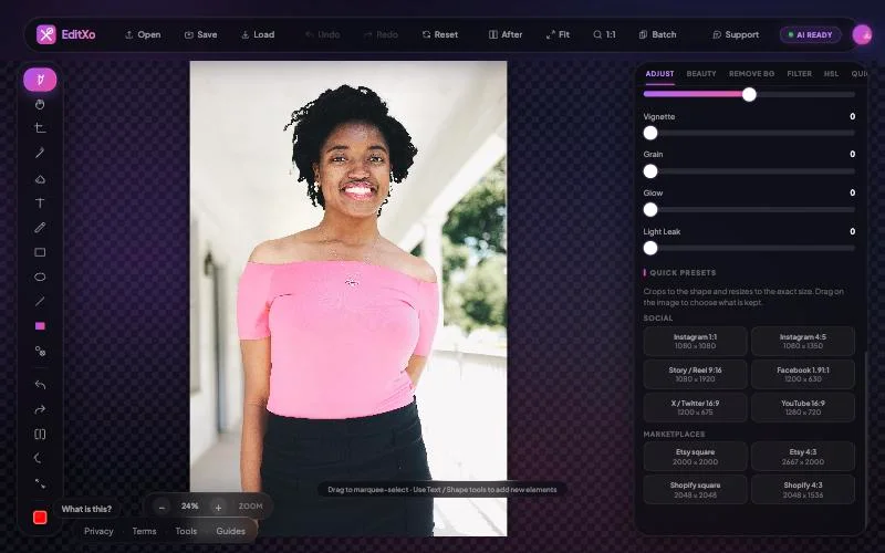 EditXo Quick Presets grouped into social posts, covers and banners, and marketplaces, each showing its pixel size